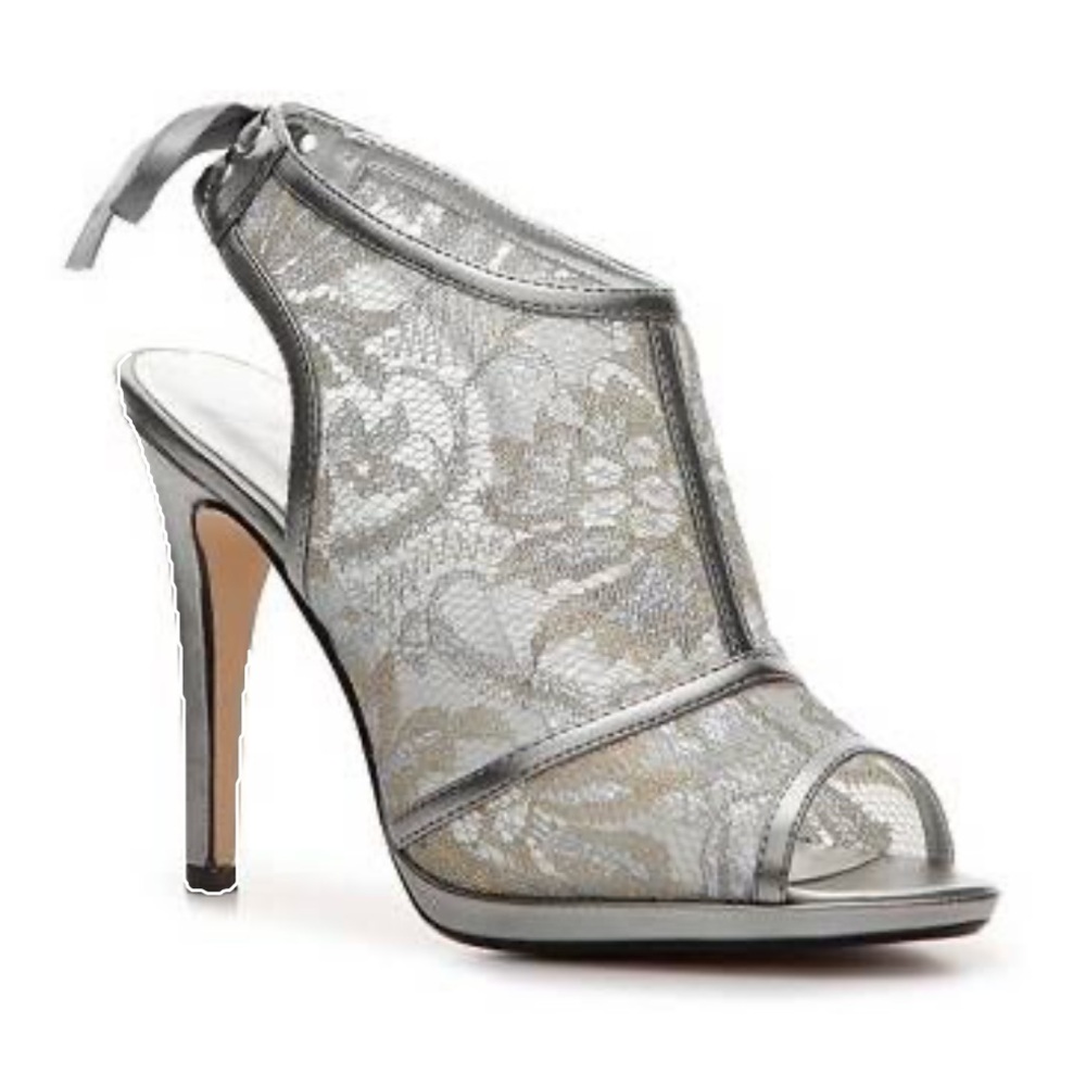 Caparros Silver Leather and Mesh Open Toe Dress Heels